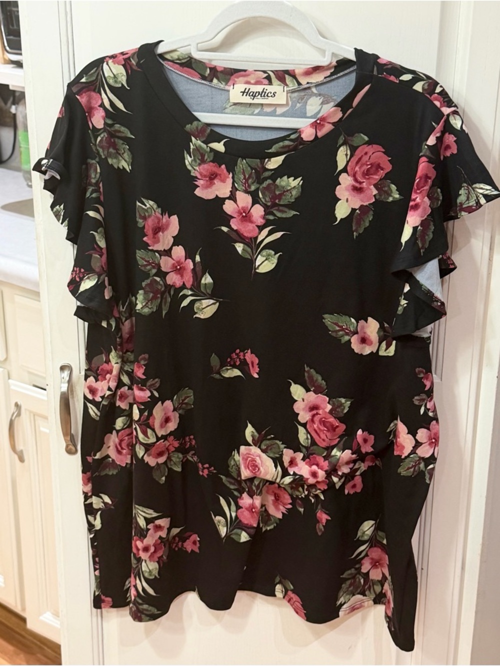 Haptics Black Floral Ruffle Sleeve Blouse - Pink Rose Print